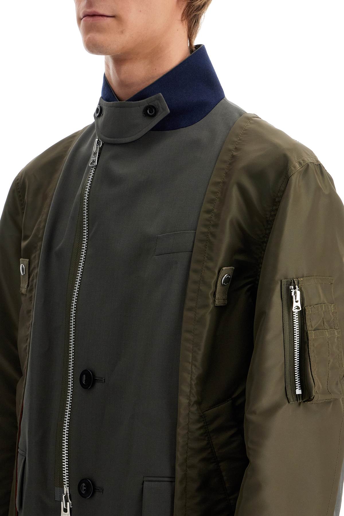 Sacai hybrid nylon and wool blend jacket.